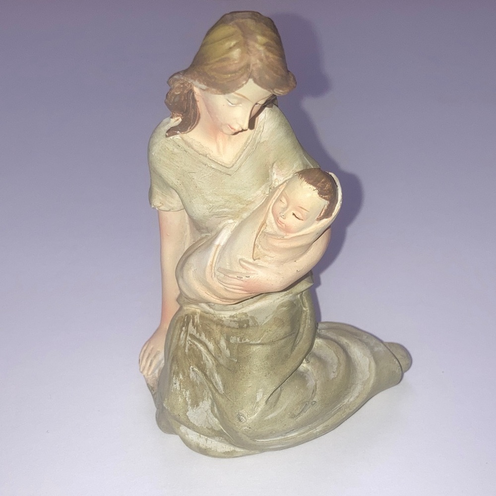 Handcrafted Mother & Baby Figurine in Cream & Tan Home Poly stone Art Sculpture